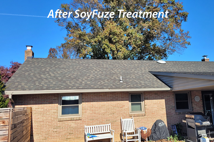 Same brick ranch roof after soy roof rejuvenation, with darker, more even charcoal asphalt shingles