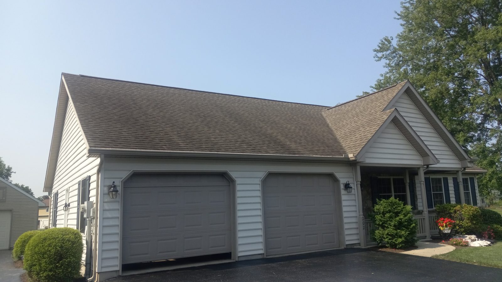 Garage roof covered in black streaks from Gloeocapsa magma algae before roof cleaning