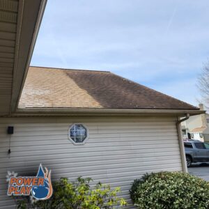 Brown asphalt roof half cleaned by soft washing, black streaks on one side and clean on the other